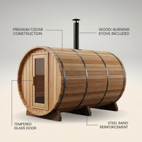 Outdoor Barrel Traditional Steam Cedar Wood Sauna with Wood Burning Stove — Feature Infographic