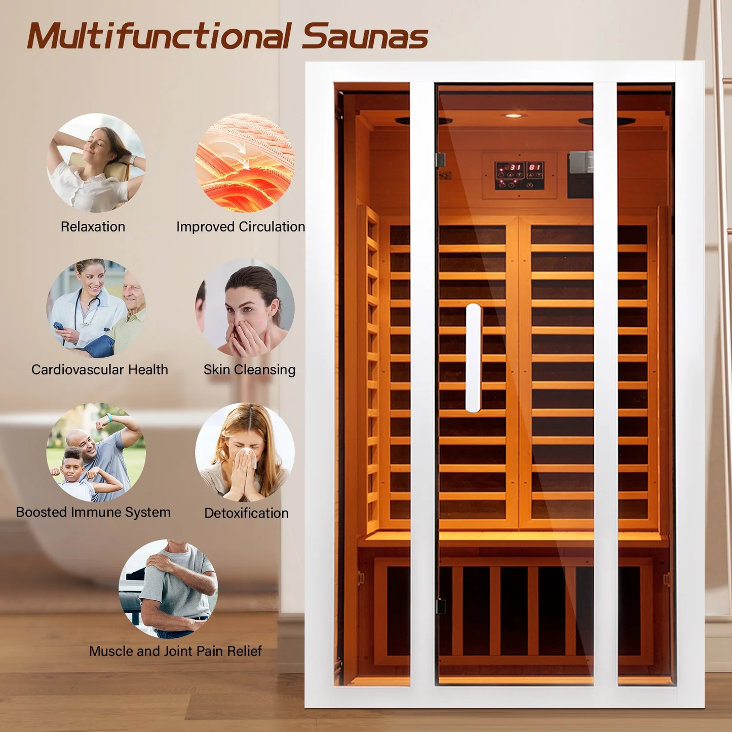 2 Person Extendable FAR Infrared Sauna for Home, Hemlock Wood Low EMF 6 Carbon Heaters Indoor Saunas with LED Lights, Bluetooth Speaker, Digital Control Panel, and Seating Bench