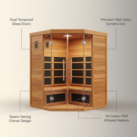 4-Person Cedar Corner Infrared Sauna with 10 Carbon Heaters — Feature Infographic