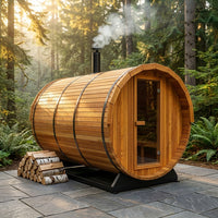 Outdoor Barrel Traditional Steam Cedar Wood Sauna with Wood Burning Stove — Studio Shot