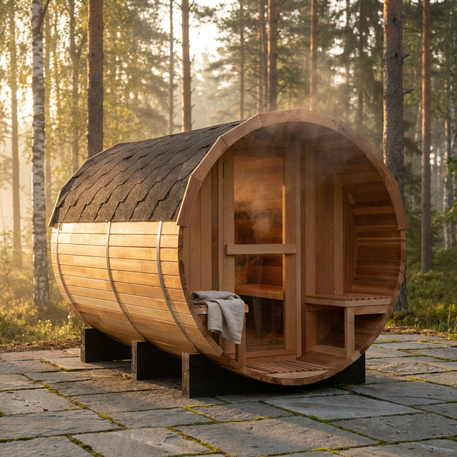 6-Person Patchworkred Cedar Traditional Steam Barrel Sauna — Studio Shot