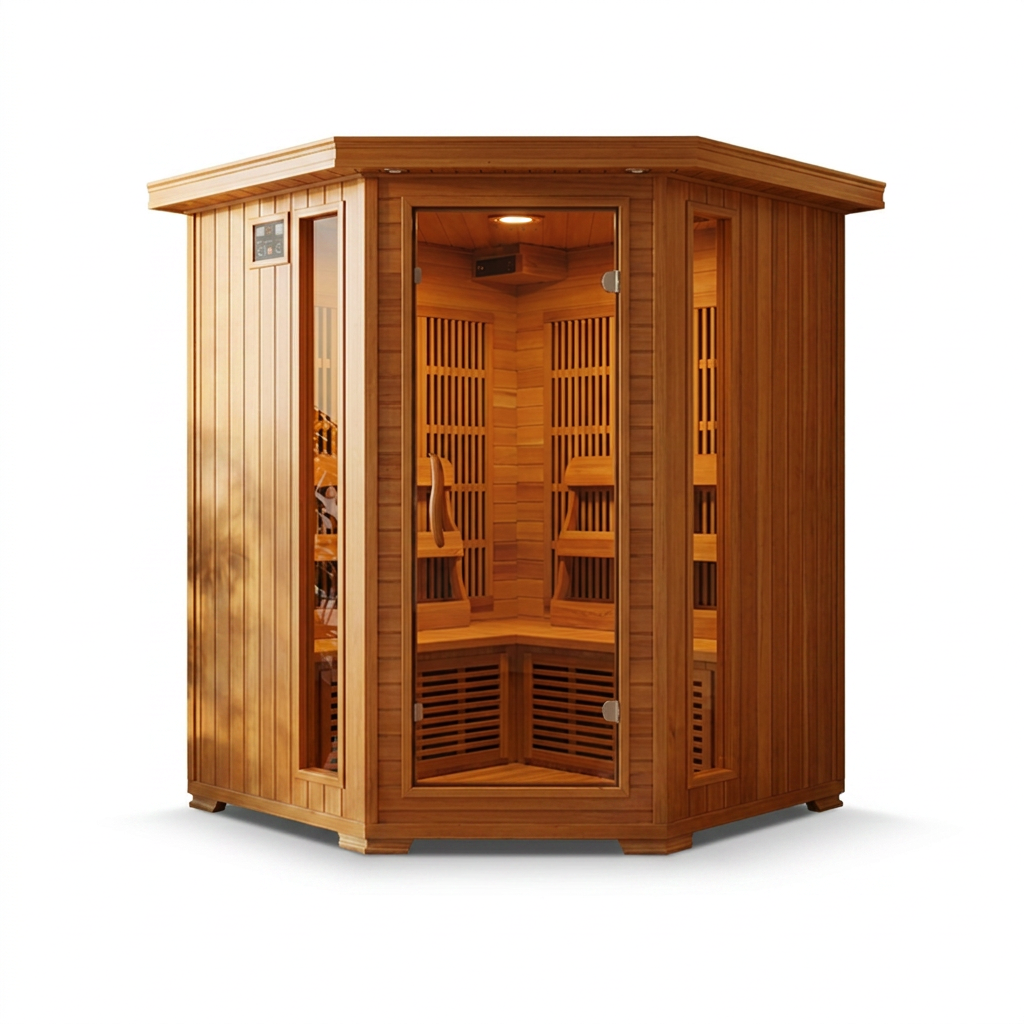 4-Person Cedar Corner Infrared Sauna with 10 Carbon Heaters — Studio Shot