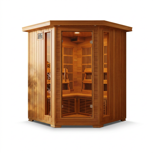 4-Person Cedar Corner Infrared Sauna with 10 Carbon Heaters — Studio Shot