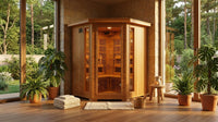 4-Person Cedar Corner Infrared Sauna with 10 Carbon Heaters — Lifestyle