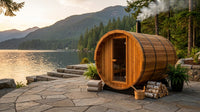 Outdoor Barrel Traditional Steam Cedar Wood Sauna with Wood Burning Stove — Lifestyle